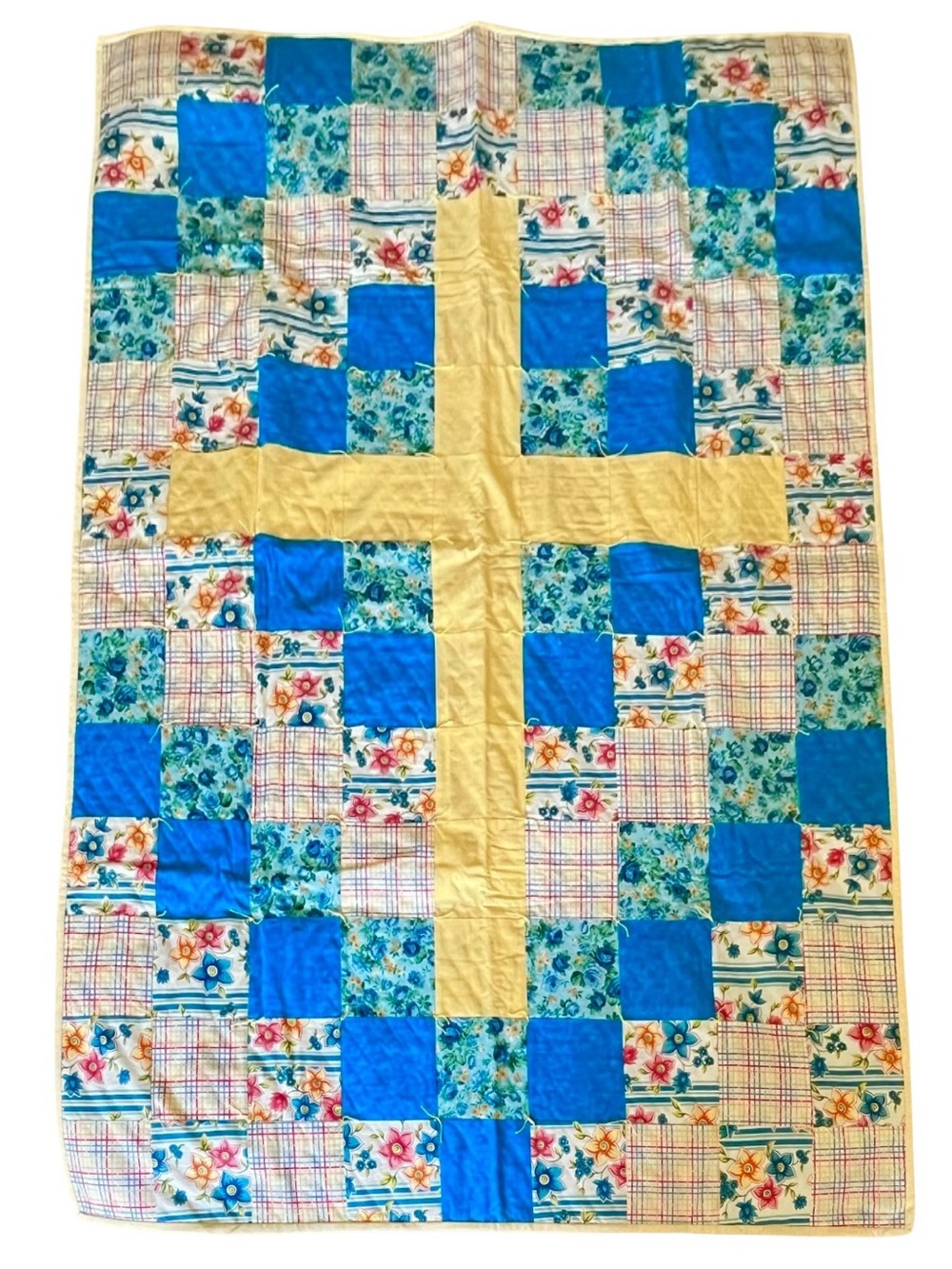 Handmade Patchwork Crib Quilt or Lap Blanket in Blue and Yellow 40” x 57”